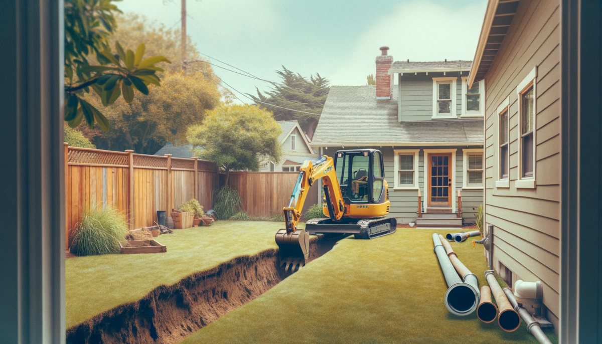 excavating a trench for sewer lines and water lines