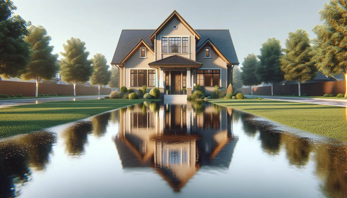 illustrated image of a house with water rising up in it's front yard