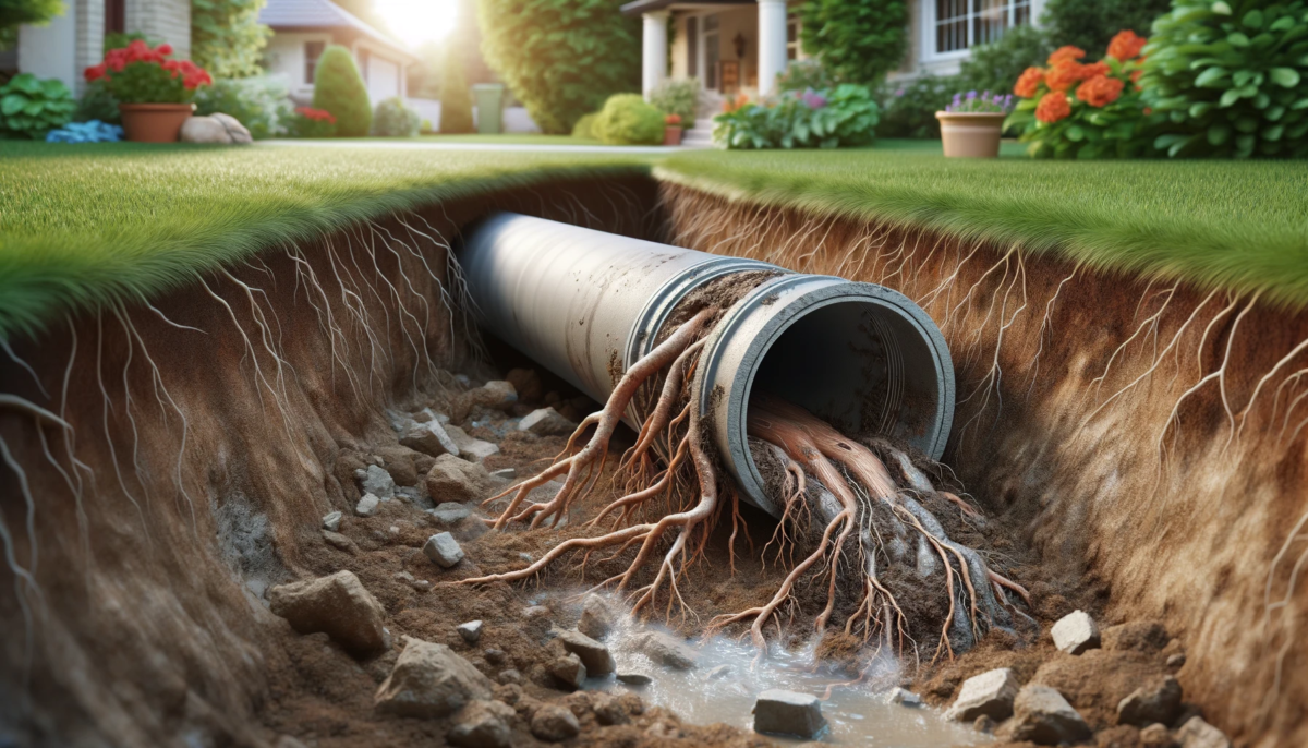 illustration of a sewer line with tree roots coming out of it